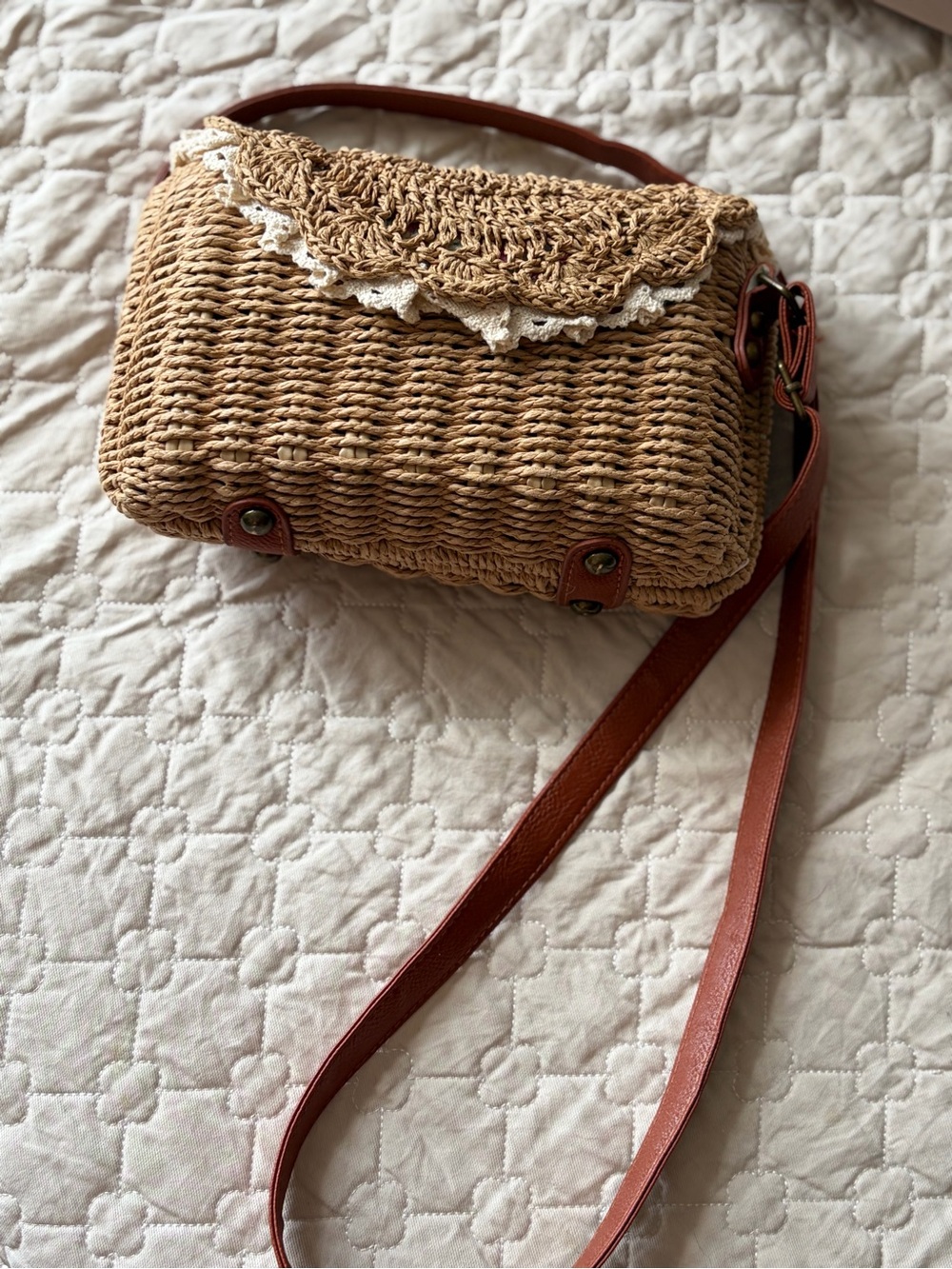 Woven Straw Crossbody Bag with Lace Trim - Tan